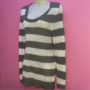 Grey Striped Sparkly Long Sleeve Ribbed Crewneck Knit Sweater